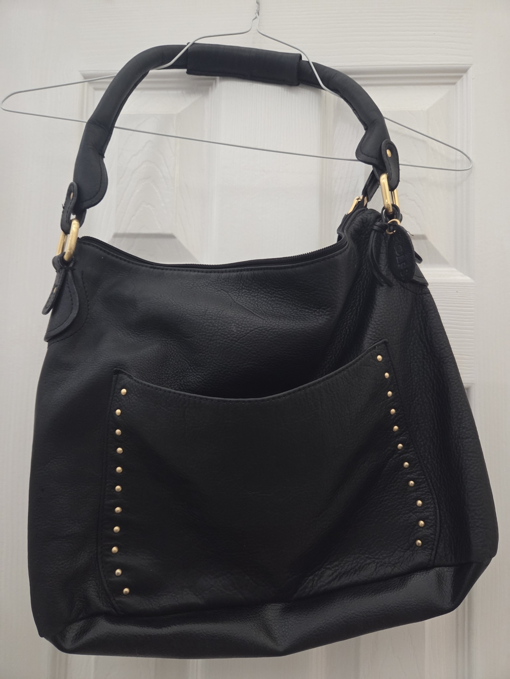Rolfs Vintage Black Leather Stud-Trim Hobo Bag
